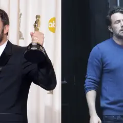 Ben Affleck z Oscarem i Ben Affleck w niebieskim swetrze. Ciekawe, ile lat ma Ben Affleck, patrząc na te zdjęcia.