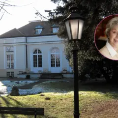 Uśmiechnięta pani z okrągłej ramki, która obecnie mieszka w Skolimowie, na tle zabytkowego budynku i latarni.