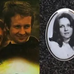 Dwie fotografie: młoda para, a obok portret kobiety na nagrobku. Obsada filmu "Daleko od szosy".