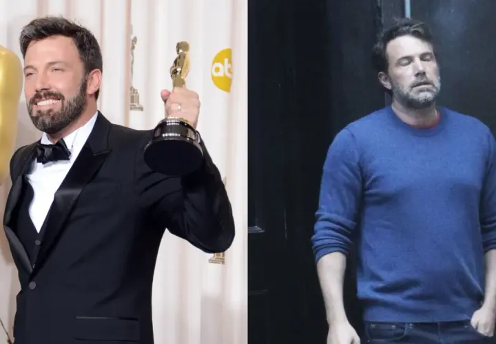 Ben Affleck z Oscarem i Ben Affleck w niebieskim swetrze. Ciekawe, ile lat ma Ben Affleck, patrząc na te zdjęcia.