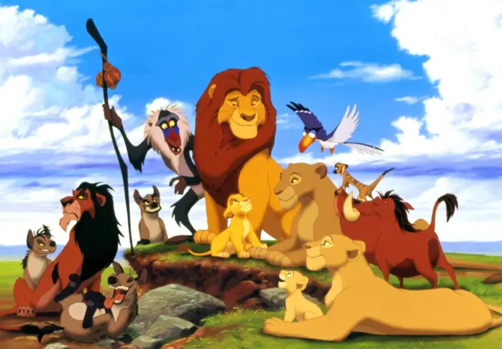 Król Lew obsada: Mufasa, Simba, Nala, Pumbaa, Timon, Rafiki, Skaza i hieny.