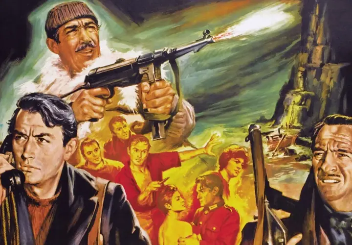 Działa navarony obsada: Gregory Peck na telefonie, mężczyzna strzela z karabinu, a w tle statek i klif.