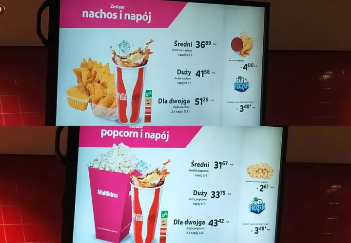 Zestawy z nachosami w Multikinie: średni 36,89 zł, duży 41,58 zł, dla dwojga 51,25 zł.