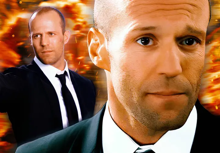 Jason Statham, który grał Transportera, w garniturze na tle wybuchów.