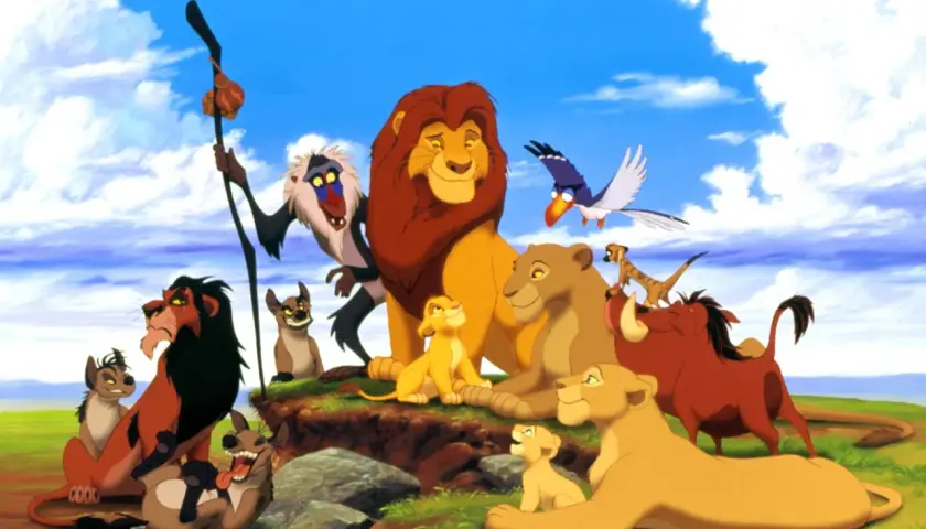Król Lew obsada: Mufasa, Simba, Nala, Pumbaa, Timon, Rafiki, Skaza i hieny.