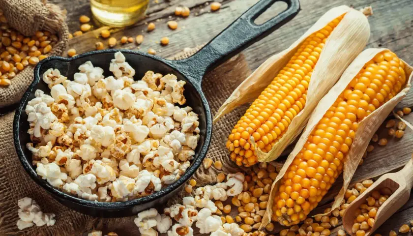 Pachnący, świeży popcorn w żeliwnej patelni, obok kolb kukurydzy i ziaren. Zastanawiasz się, ile kosztuje duży popcorn w Heliosie?