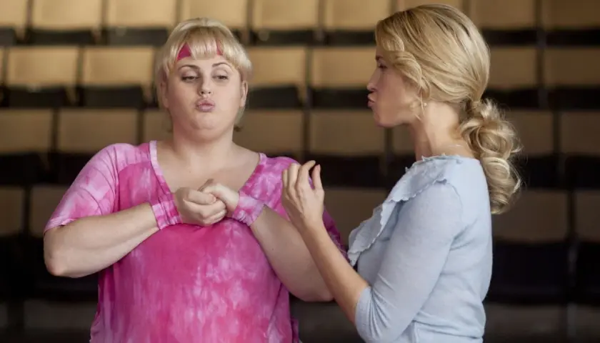 Pitch Perfect obsada: Rebel Wilson i Anna Kendrick ćwiczą wokalne miny.