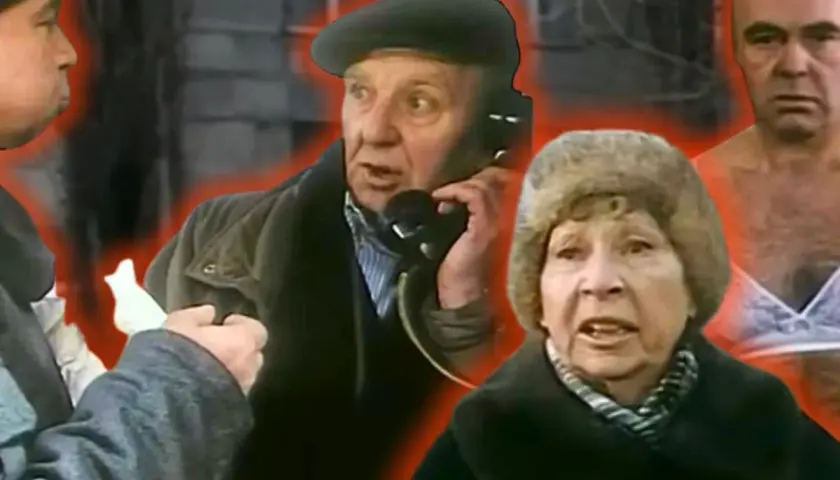 Rozmowy kontrolowane obsada: starsza pani w futrzanej czapce, mężczyzna w czapce z daszkiem rozmawia przez telefon, a obok nich stoi łysy mężczyzna.