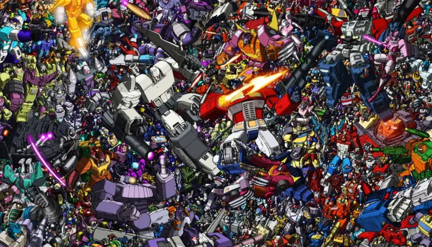 Tysiące robotów z różnych części Transformers walczą w epickiej bitwie.