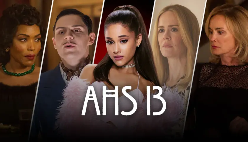 Zestawienie gwiazd American Horror Story: Angela Bassett, Evan Peters, Ariana Grande, Sarah Paulson i Jessica Lange.