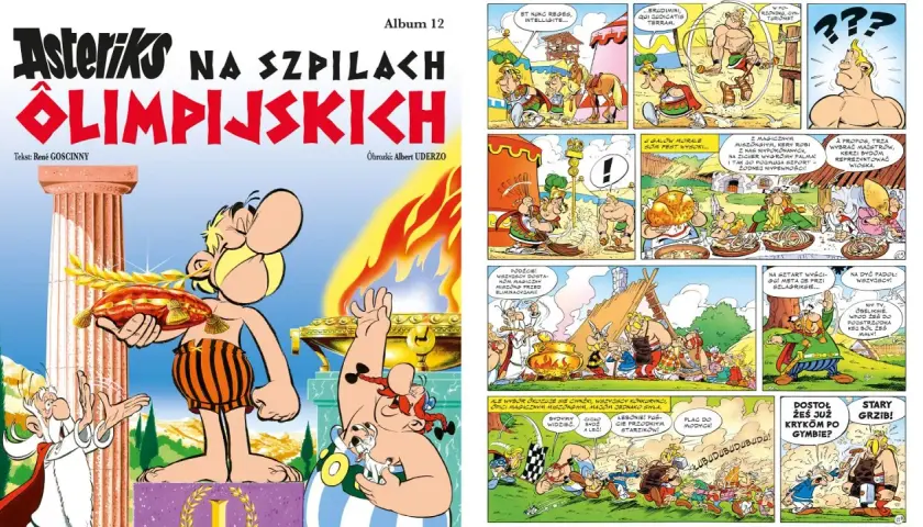 Asteriks i Obeliks na olimpiadzie. Obeliks z wieńcem laurowym, Asteriks z wieńcem laurowym.