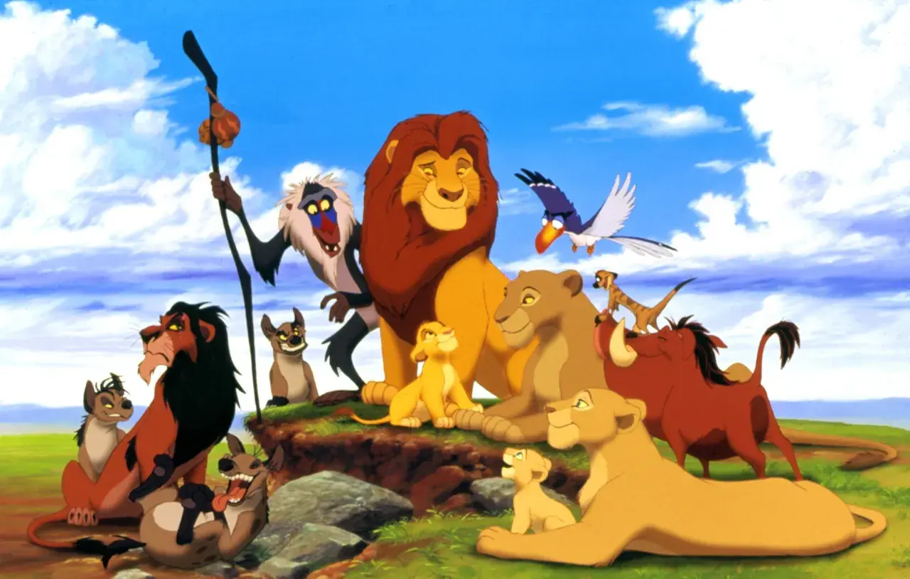 Król Lew obsada: Mufasa, Simba, Nala, Pumbaa, Timon, Rafiki, Skaza i hieny.