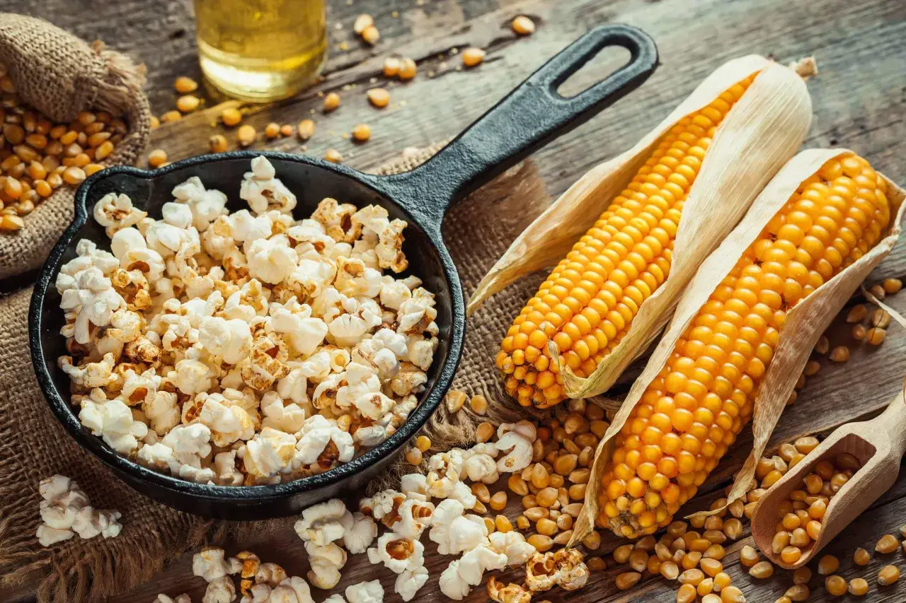 Pachnący, świeży popcorn w żeliwnej patelni, obok kolb kukurydzy i ziaren. Zastanawiasz się, ile kosztuje duży popcorn w Heliosie?