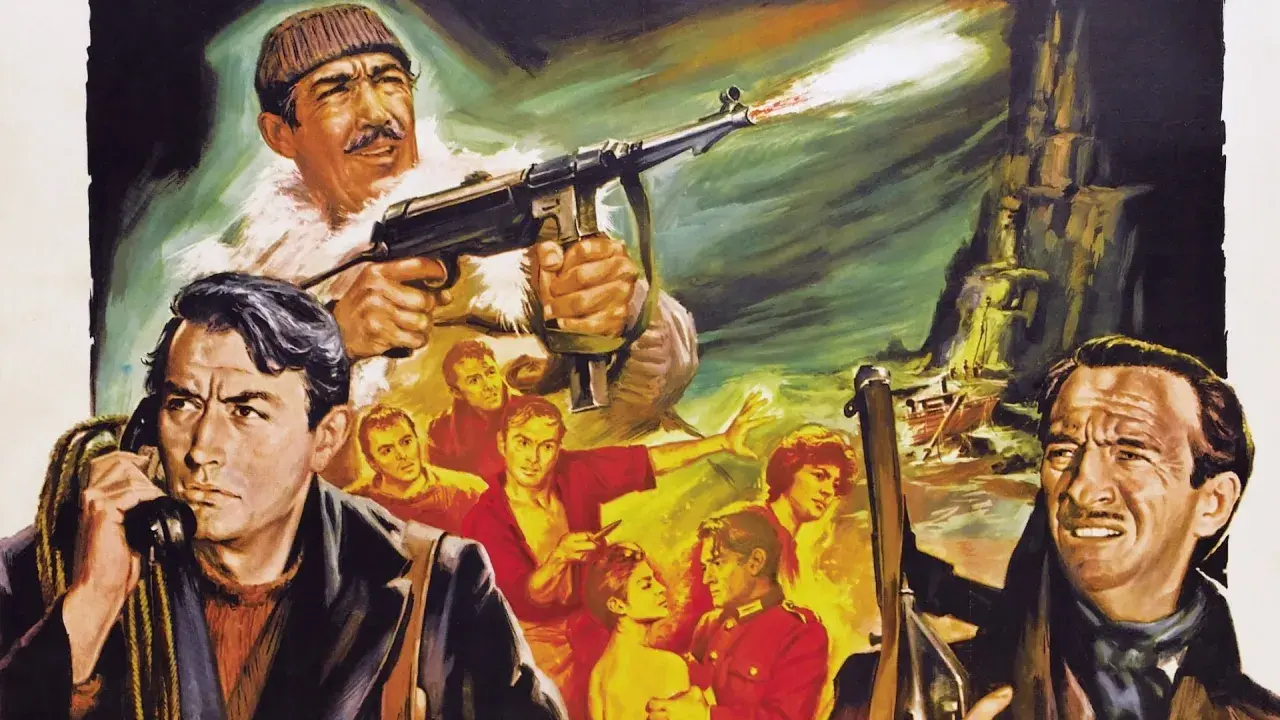 Działa navarony obsada: Gregory Peck na telefonie, mężczyzna strzela z karabinu, a w tle statek i klif.