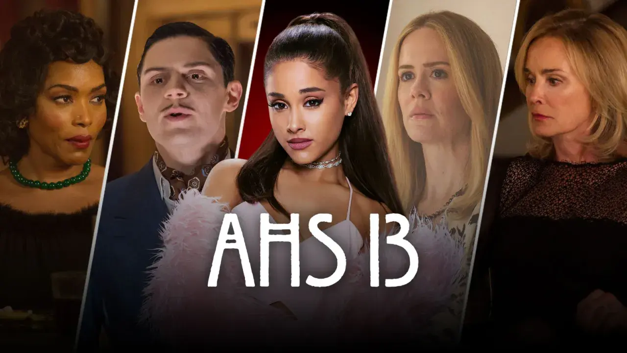 Zestawienie gwiazd American Horror Story: Angela Bassett, Evan Peters, Ariana Grande, Sarah Paulson i Jessica Lange.