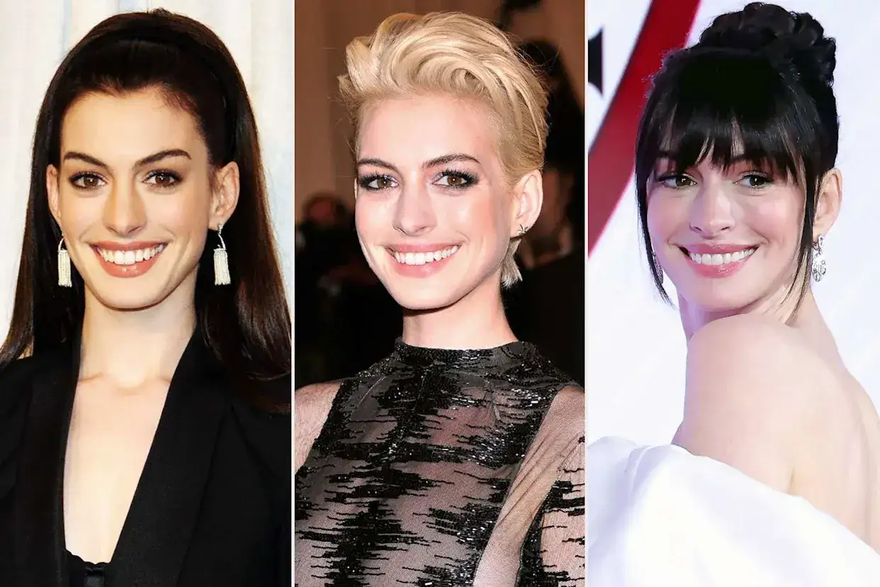 Trzy zdjęcia Anne Hathaway: z długimi ciemnymi włosami, krótkimi blond, i w upięciu. Ciekawe, ile lat ma Anne Hathaway?