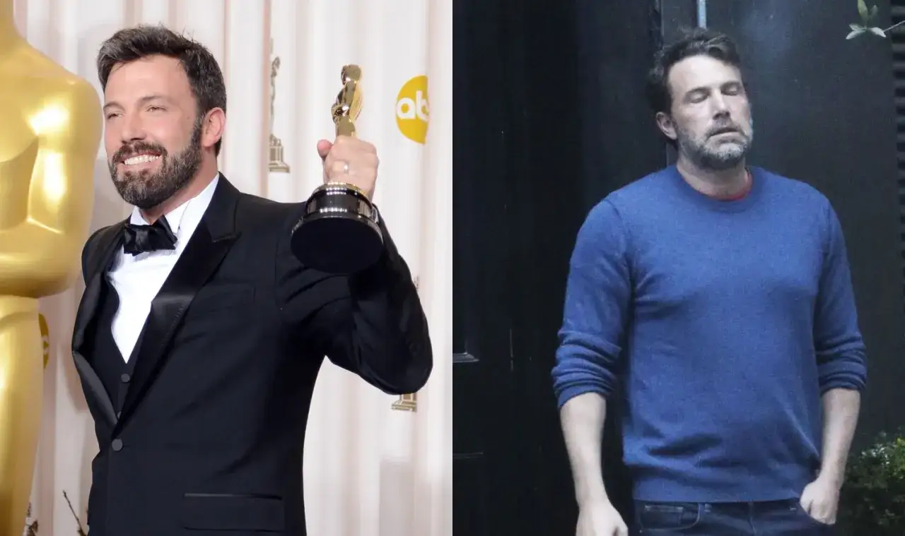 Ben Affleck z Oscarem i Ben Affleck w niebieskim swetrze. Ciekawe, ile lat ma Ben Affleck, gdy patrzymy na te zdjęcia.