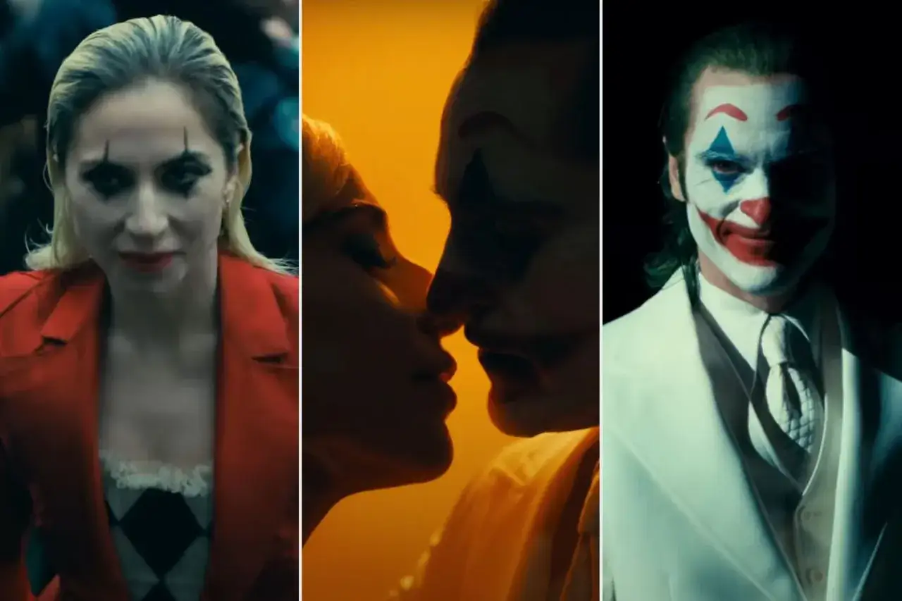 Joker: Folie à Deux obsada. Lady Gaga jako Harley Quinn i Joaquin Phoenix jako Joker w mrocznym uścisku.