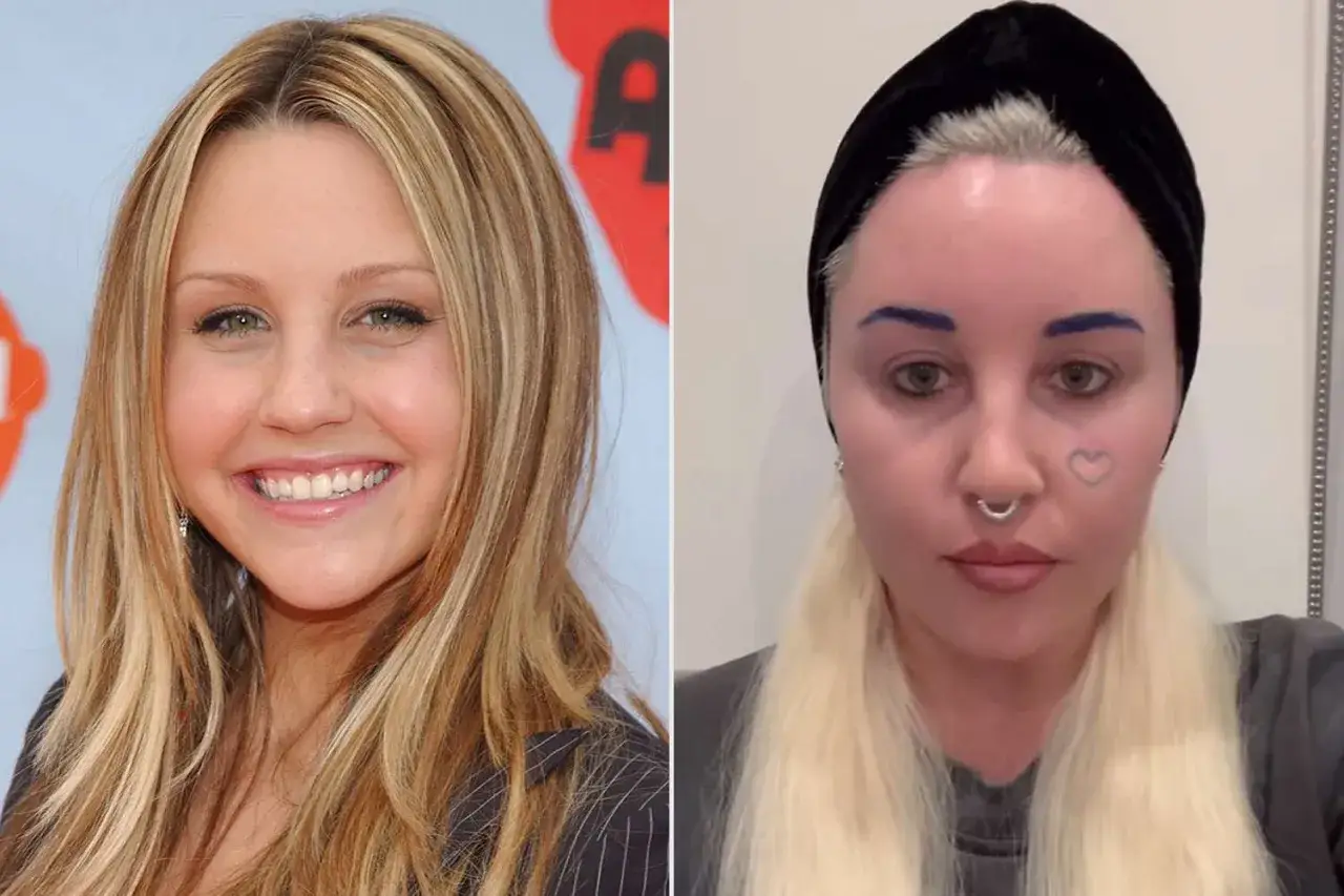 Amanda Bynes w dwóch odsłonach. Na lewo młoda aktorka, na prawo z niebieskimi brwiami i tatuażem serca. Ona to on obsada.