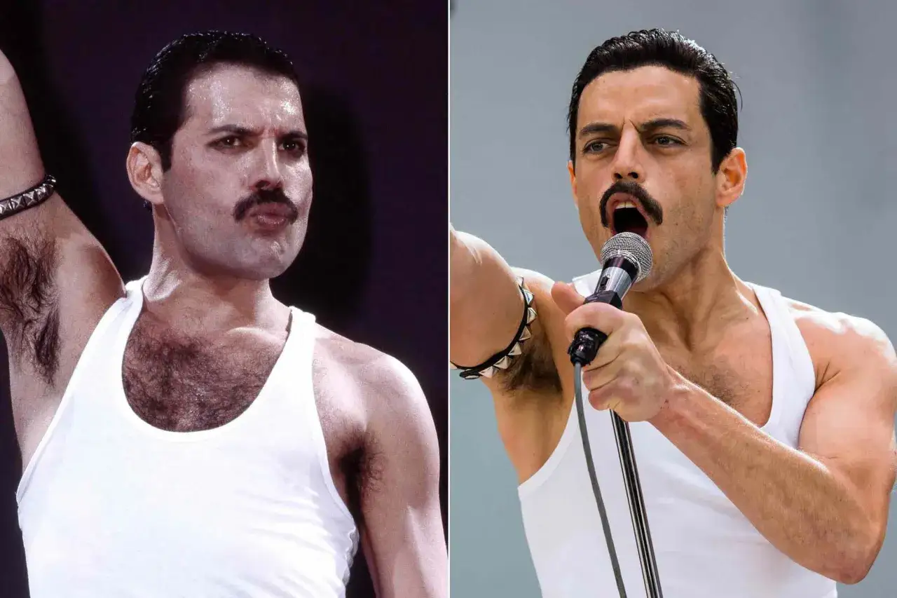 Rami Malek jako Freddie Mercury śpiewa w