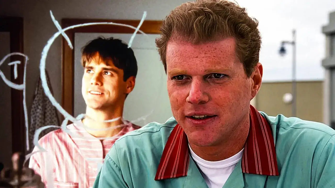 Jim Carrey i Ed Harris, czyli truman show obsada, w scenie, gdzie Truman odkrywa prawdę o swoim życiu.